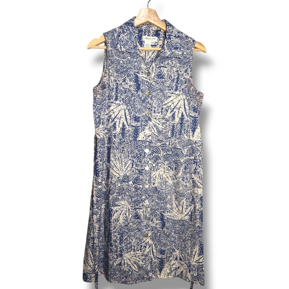 Coldwater Creek Linen Blend Button Down Dress 10P Sleeveless Blue White Vacation